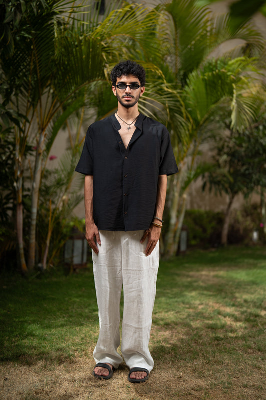 Oversized Short Sleeve Linen Shirt - Black