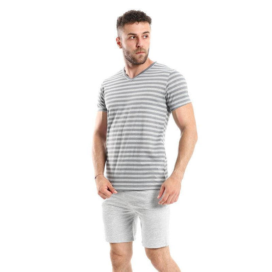 V-Neck Pajama Set - Light Cafe & Black