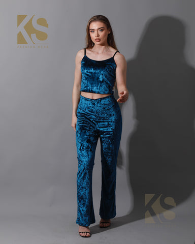 Velvet Crop Top & Bootcut Trousers Set