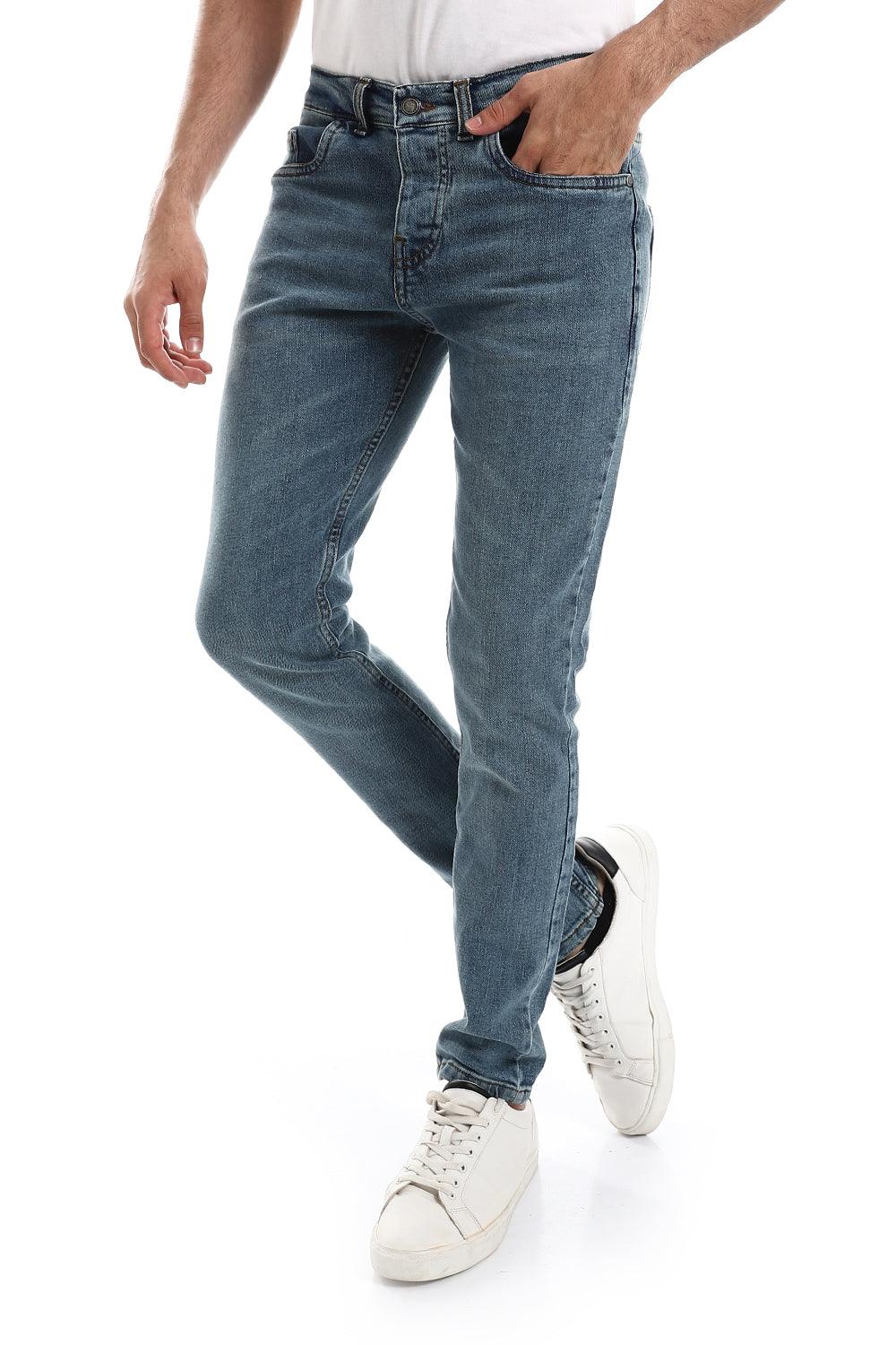 Slim Fit Solid Cottton Jeans - Greenish Blue