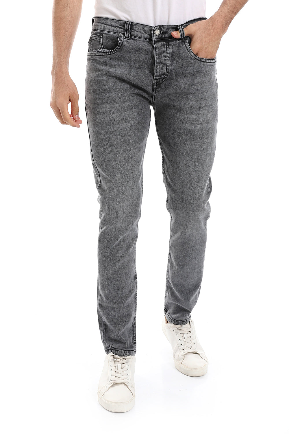 Straight Fit Solid Pattern Buttons Closure Denim Jeans - Heather Grey