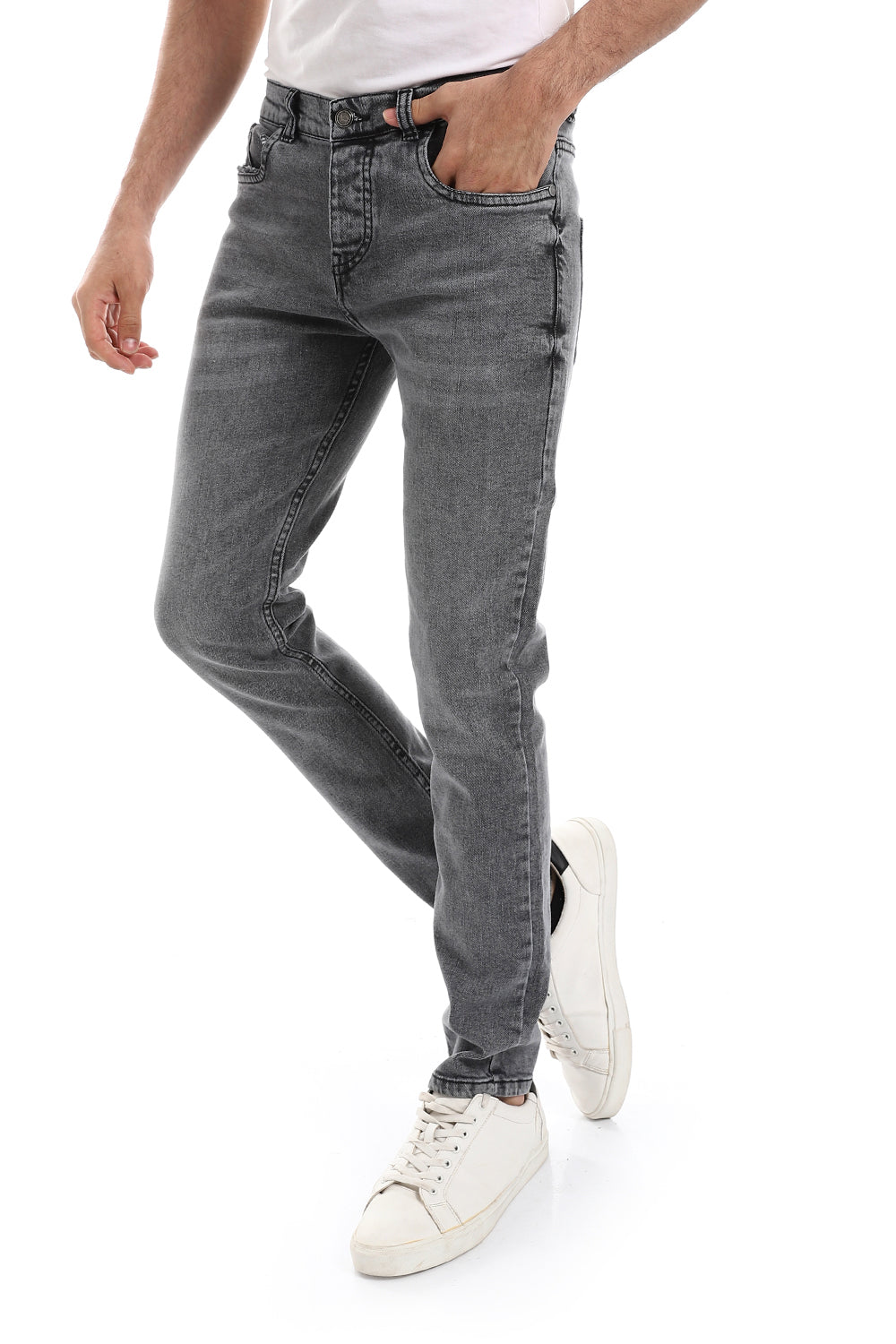 Straight Fit Solid Pattern Buttons Closure Denim Jeans - Heather Grey