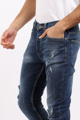 بنطال جينز بأزرار وممزق من الأمام - أزرق قياسي