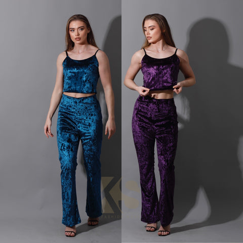 Velvet Crop Top & Bootcut Trousers Set