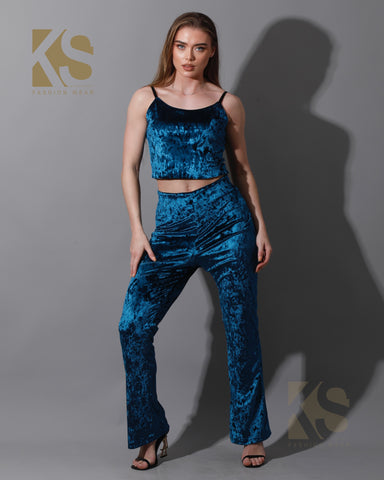 Velvet Crop Top & Bootcut Trousers Set