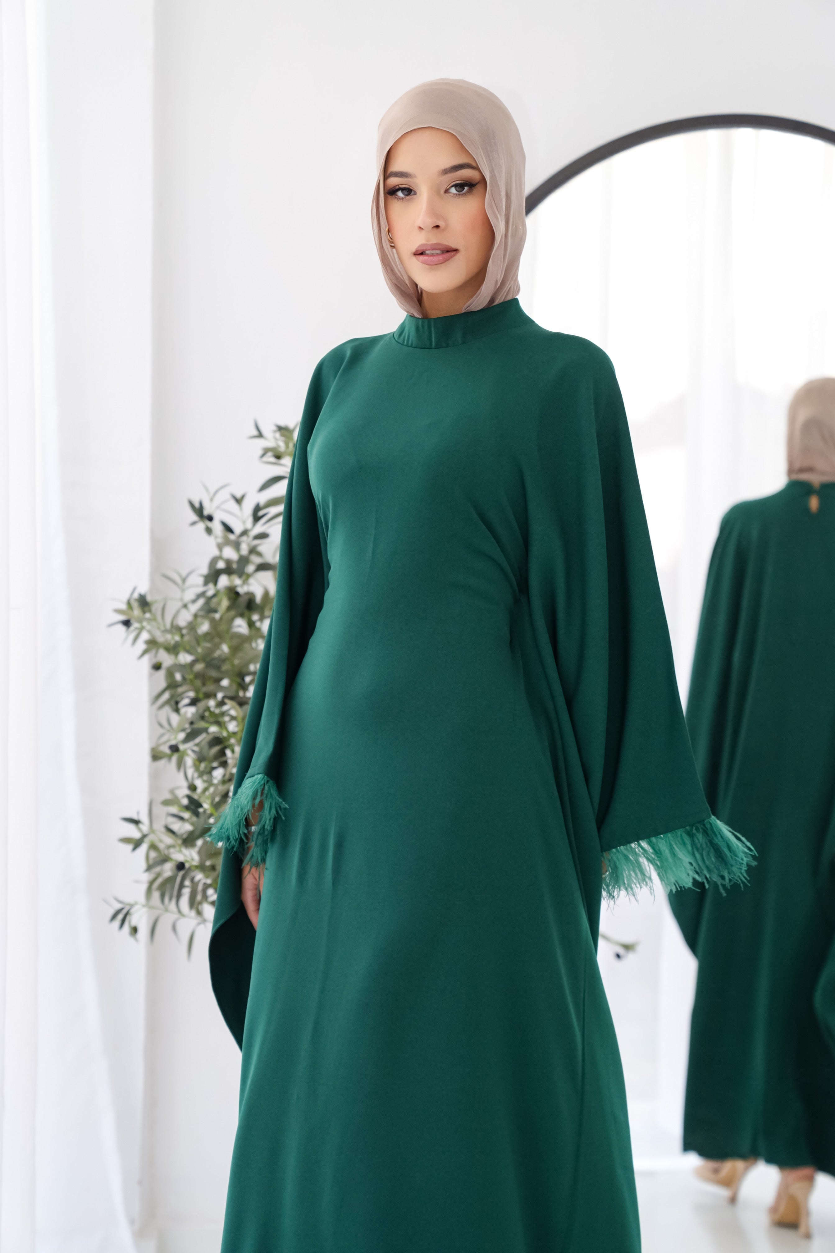 Butterfly feathers sleeves Abaya-Dress in Green