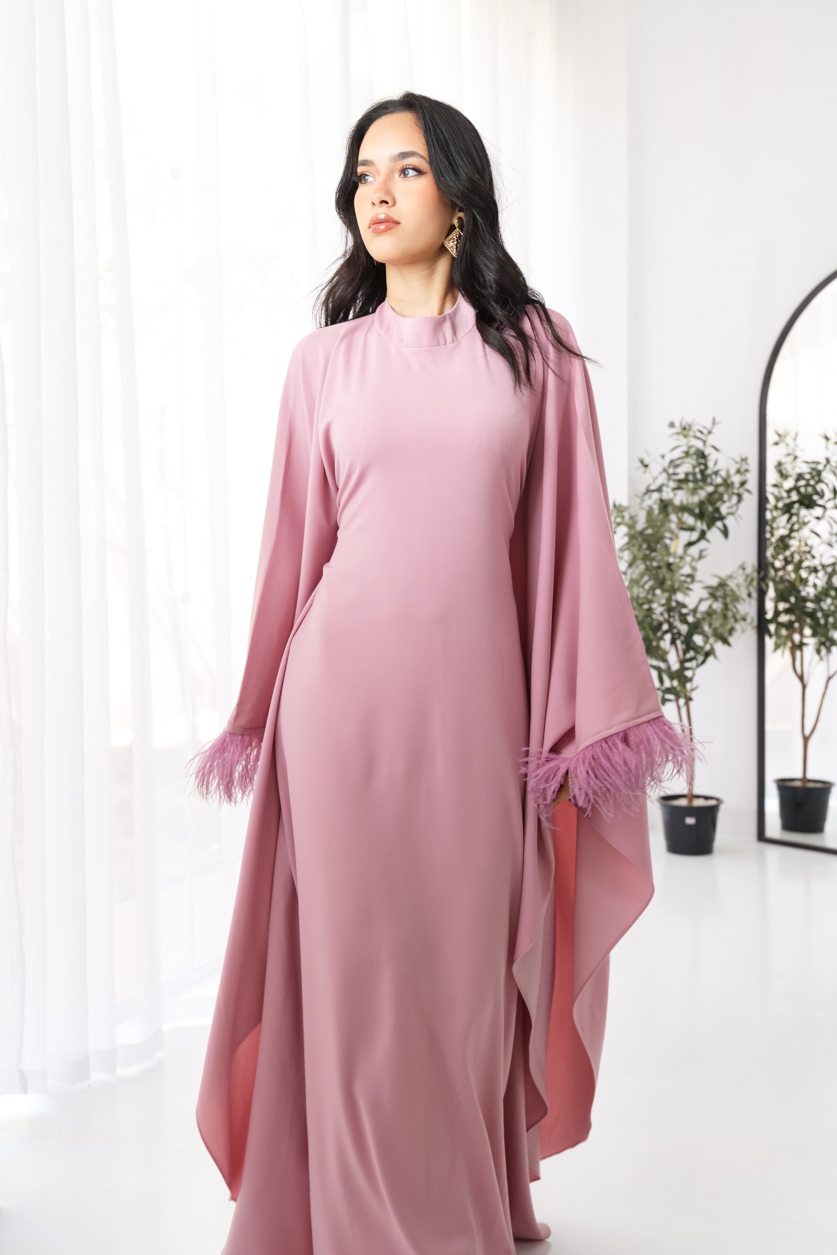 Butterfly feathers sleeves Abaya-Dress in Pink