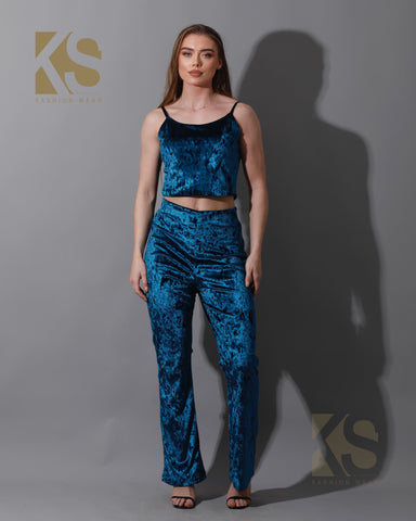 Velvet Crop Top & Bootcut Trousers Set