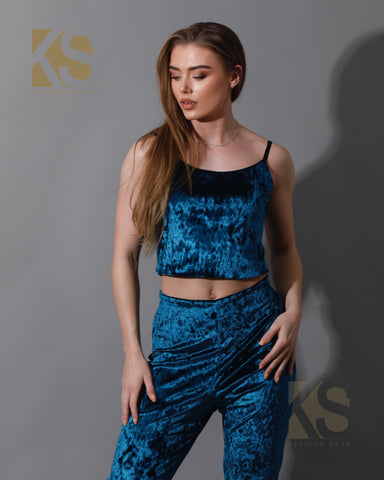Velvet Crop Top & Bootcut Trousers Set
