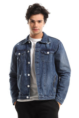 Ripped & Scratched Buttoned Denim Jacket - Blue Jeans