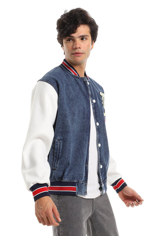 Color Block Denim Bomber Jacket With Back Stitching
