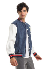 Color Block Denim Bomber Jacket With Back Stitching
