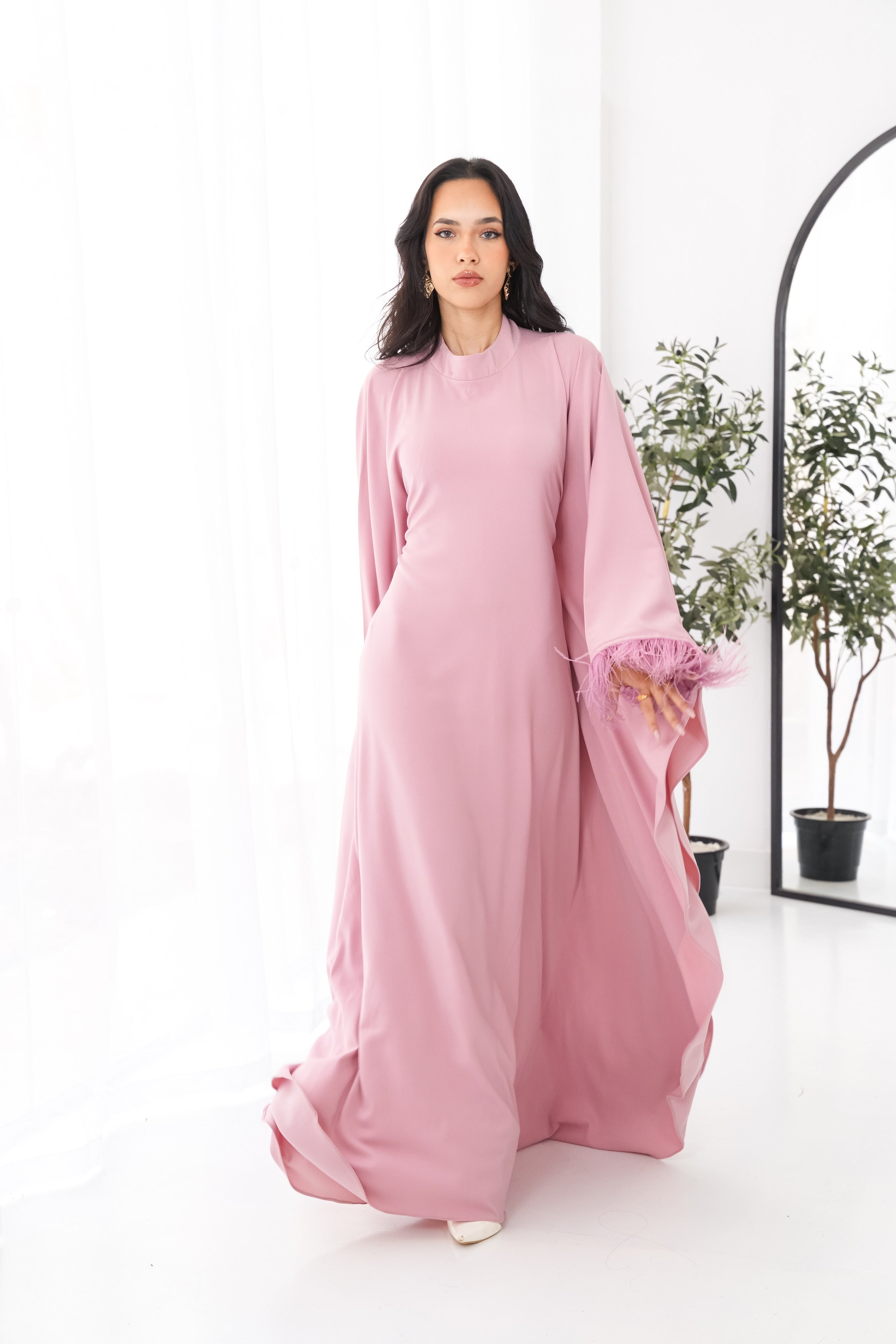 Butterfly feathers sleeves Abaya-Dress in Pink