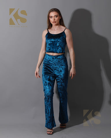 Velvet Crop Top & Bootcut Trousers Set