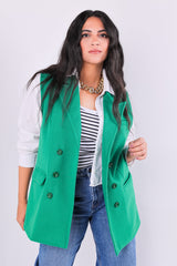 Wool Sleeveless Pocket long Vest in Green