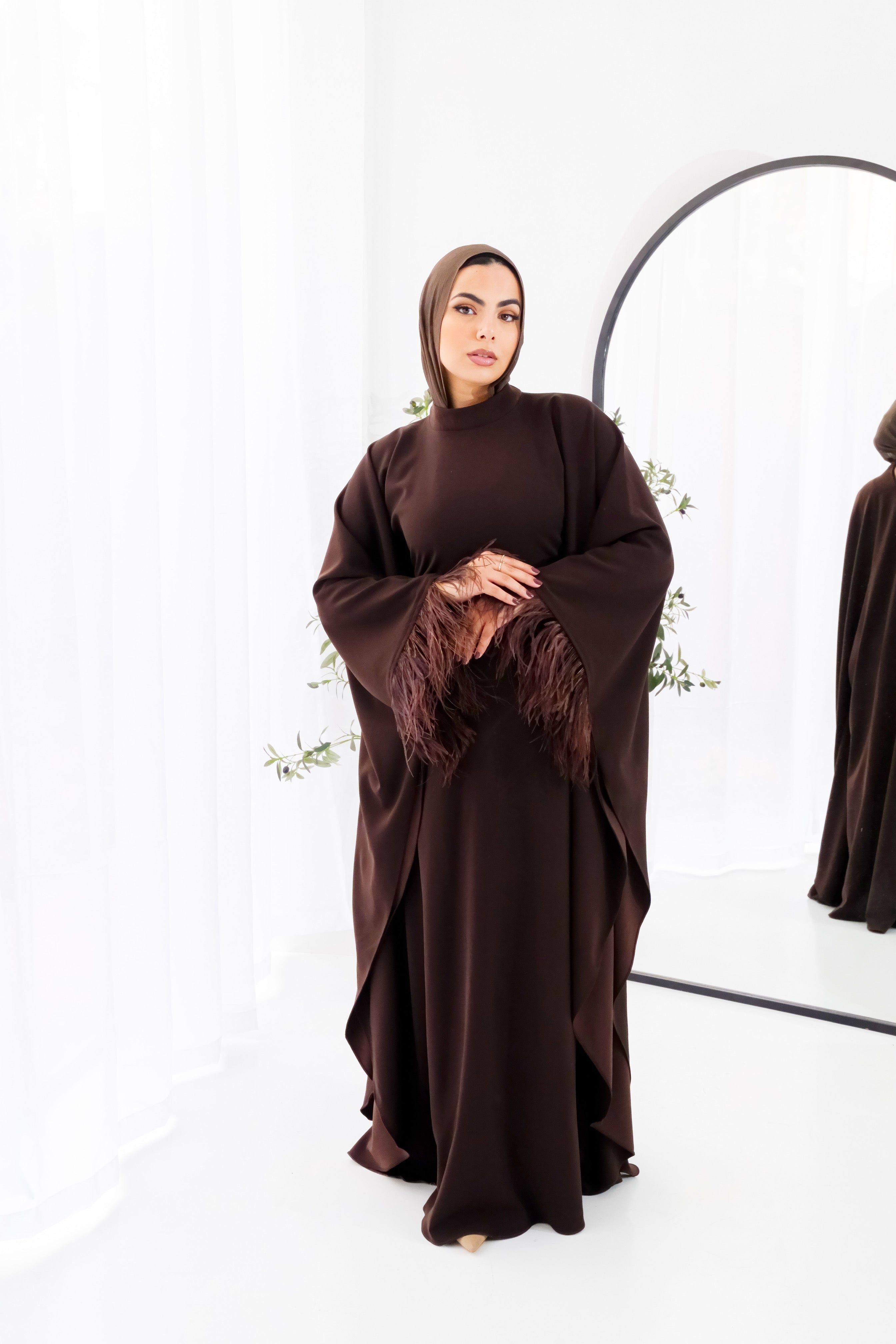 Butterfly feathers sleeves Abaya-Dress in Brown