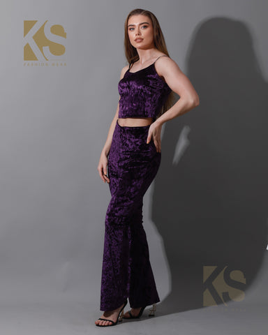 Velvet Crop Top & Bootcut Trousers Set