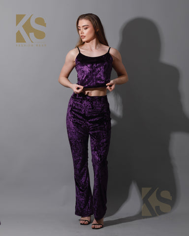 Velvet Crop Top & Bootcut Trousers Set