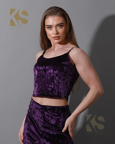 Velvet Crop Top & Bootcut Trousers Set