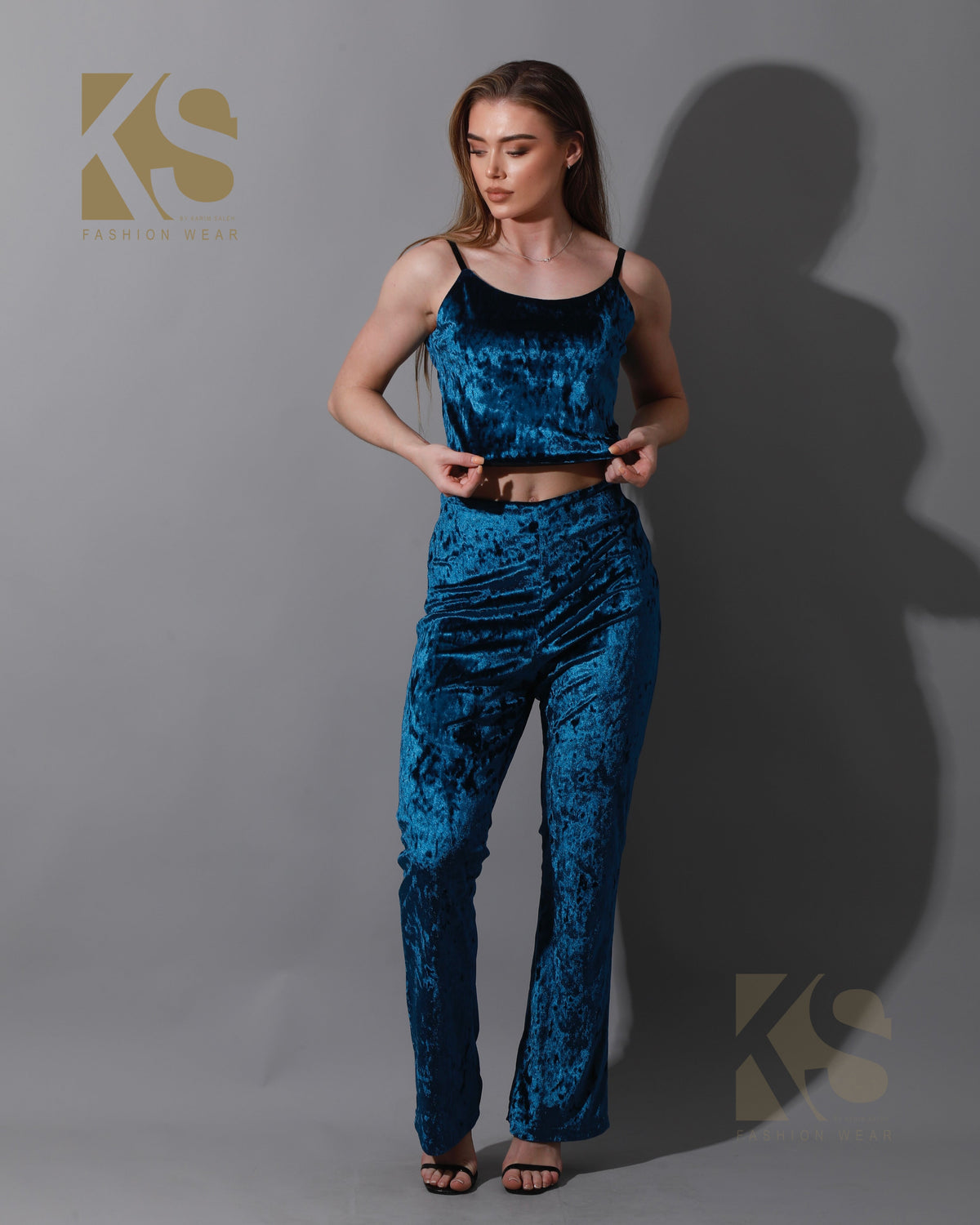 Velvet Crop Top & Bootcut Trousers Set