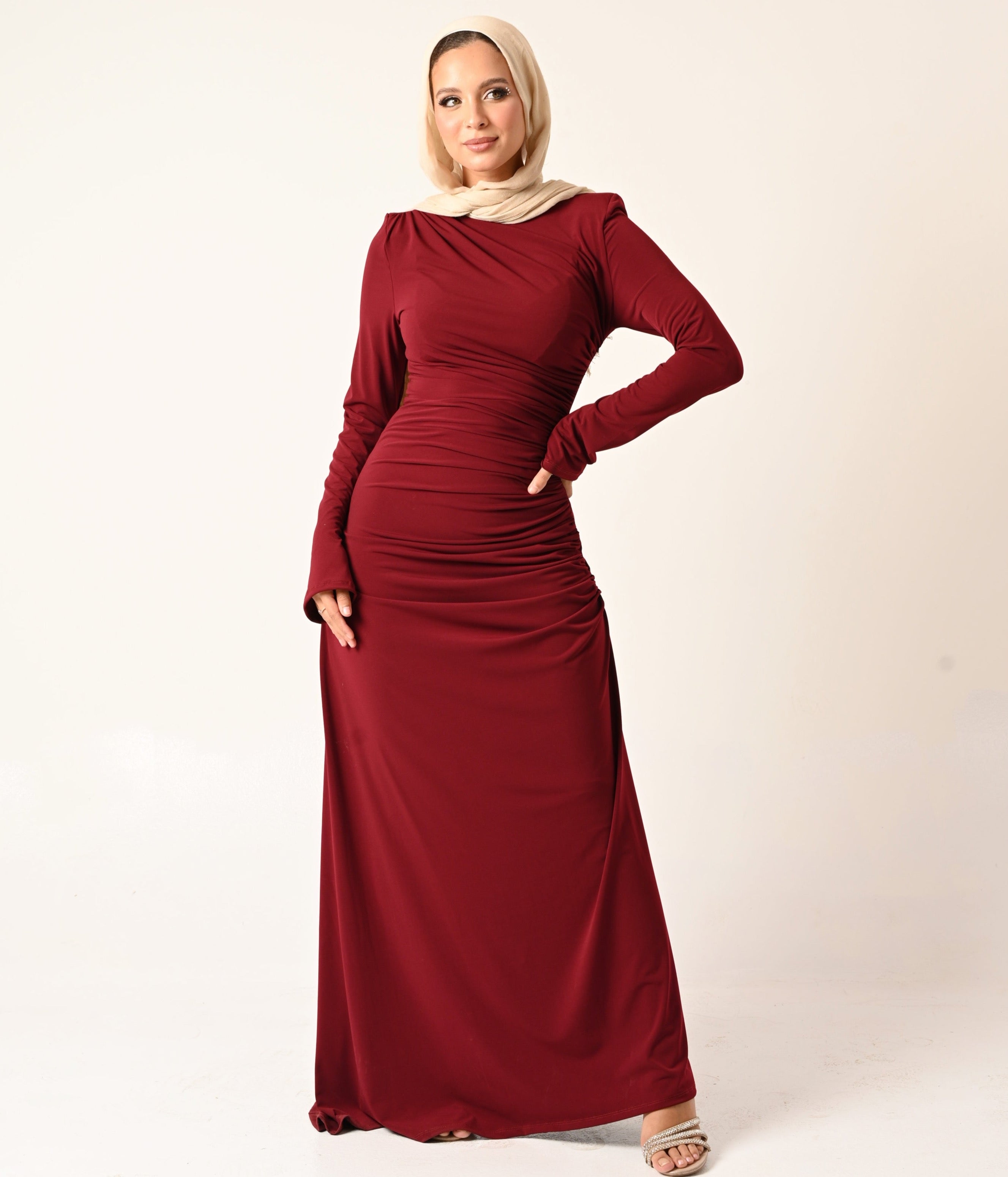 Rouched Side Dress in dark red