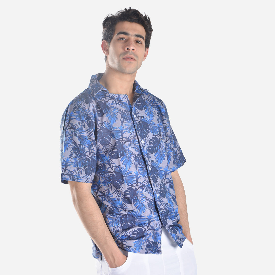 قميص هاواي قطن مطبوع – أوراق الشجر باللون الأزرق