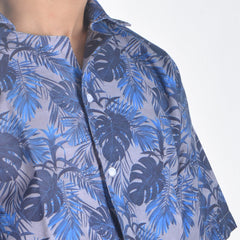 قميص هاواي قطن مطبوع – أوراق الشجر باللون الأزرق