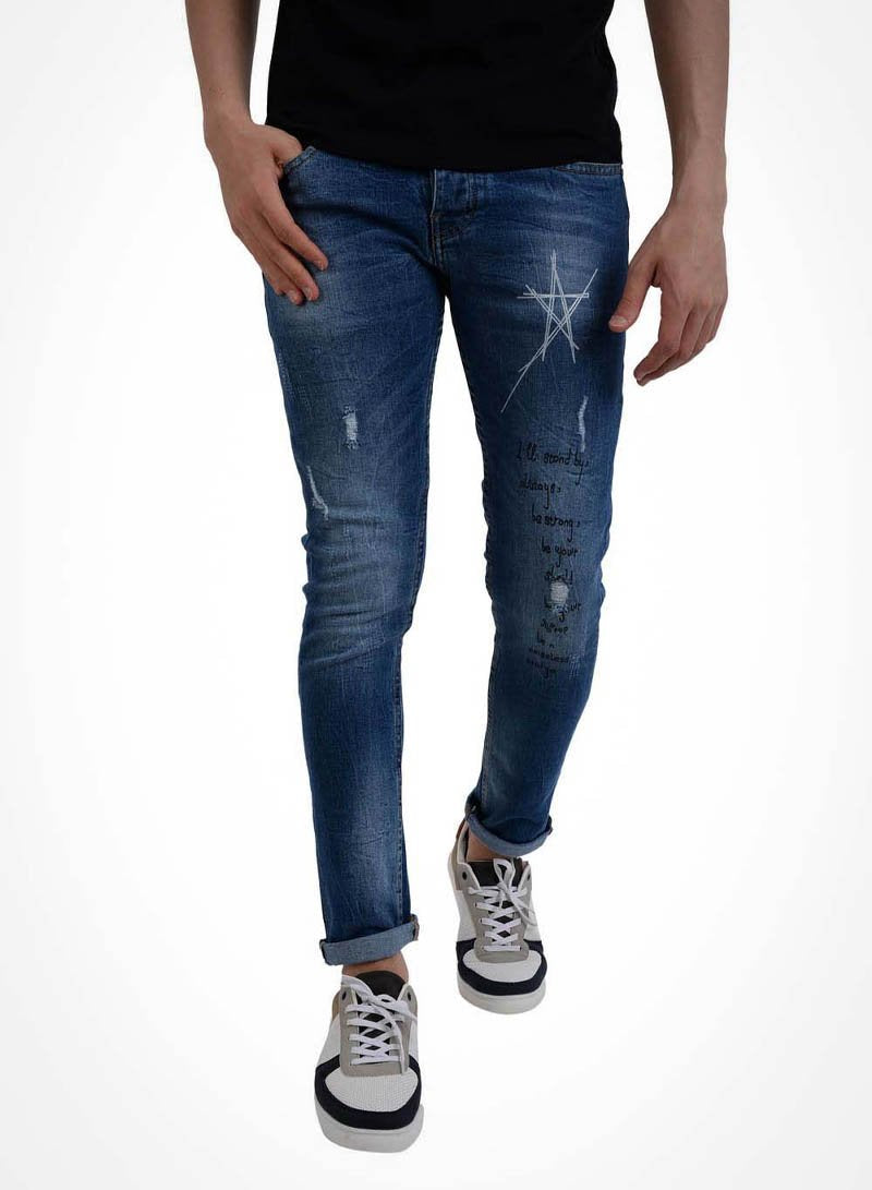 الجينز-بنطلون جينز كاجوال متسخ من قماش الدنيم باللون الأزرق