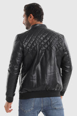Diamond Patterned Elastic Cuffs Leather Jacket