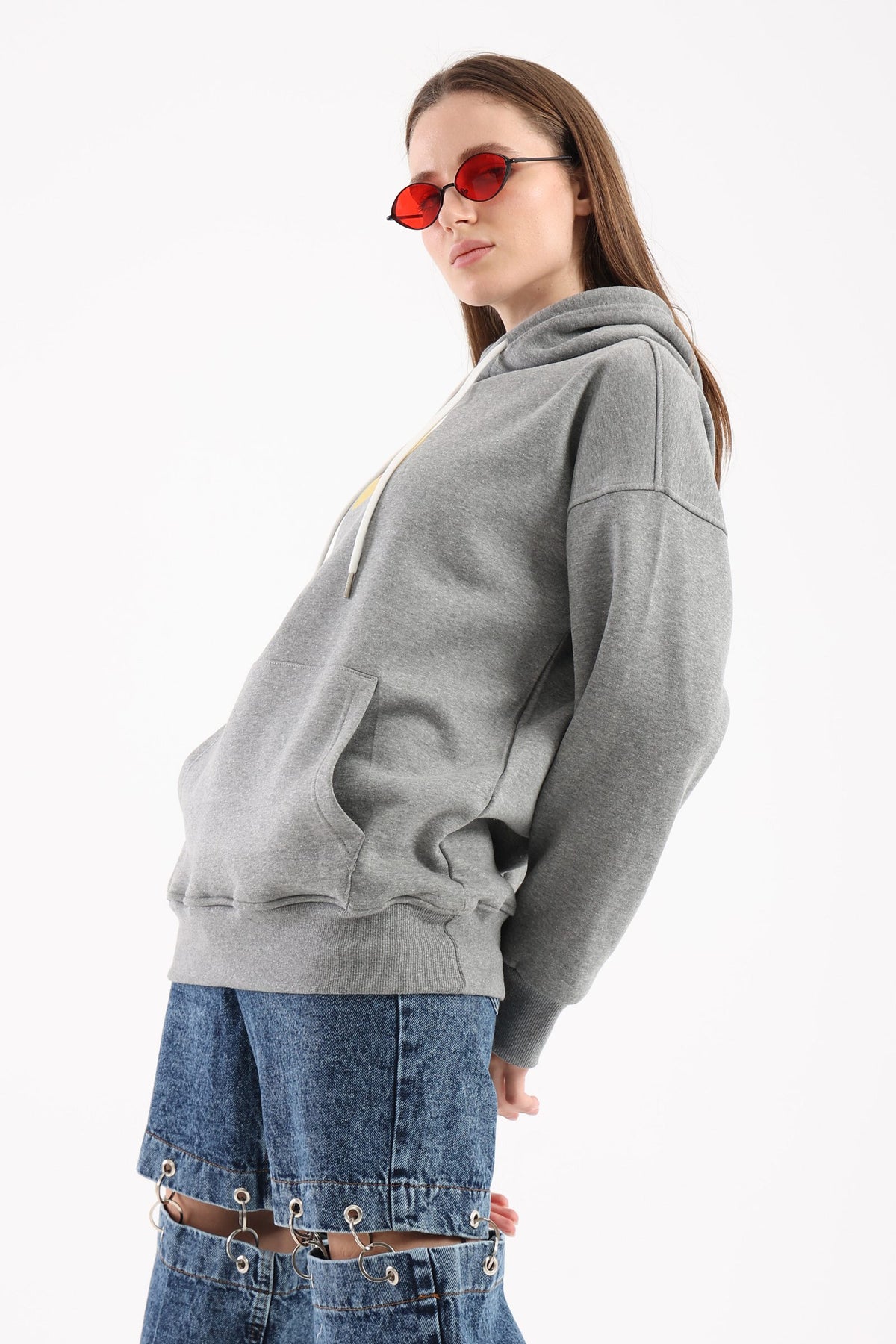 Artwork print oversized hoodie in light grey