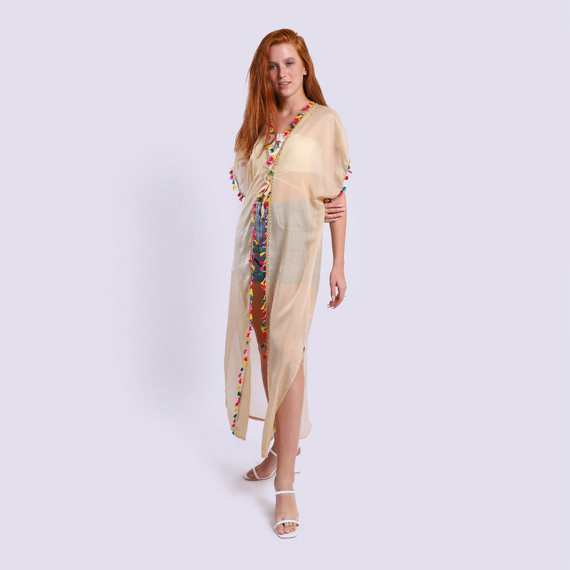 Tasseled Long Cover Up With Lace Up