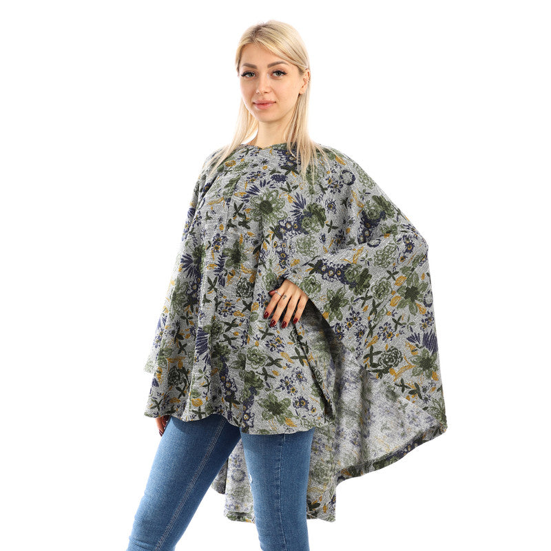 Loose Fit Cotton Poncho Top - Olive & Grey