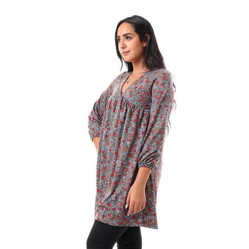 Floral V-Neck Full Sleeves Tunic Top