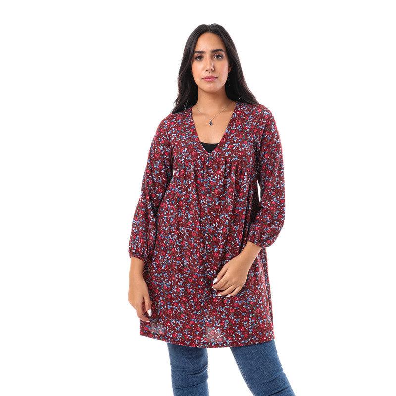 Floral V-Neck Full Sleeves Tunic Top