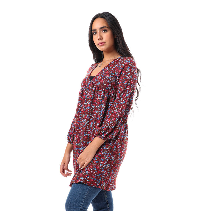 Floral V-Neck Full Sleeves Tunic Top