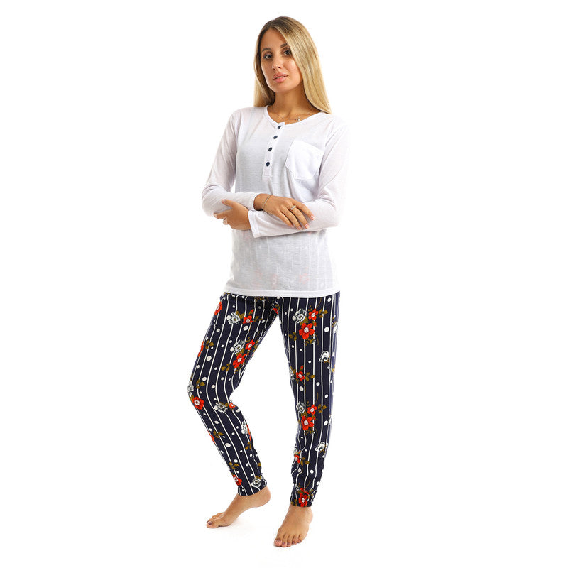 Side Pocket Printed Pants Long Sleeves Pajama