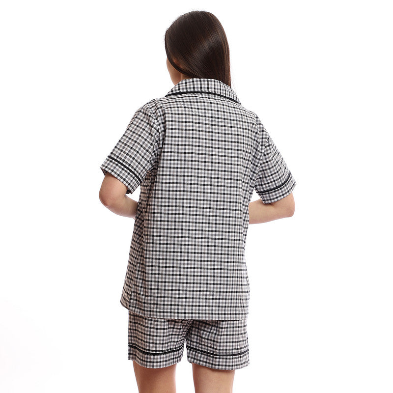 Gingham Pattern Buttoned Down Shorts Pajama Set
