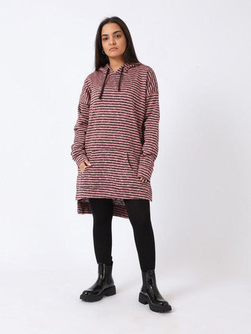 High-Low Striped Fleece Knitted Hoodie