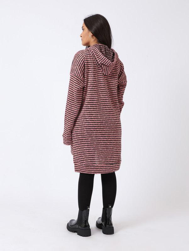 High-Low Striped Fleece Knitted Hoodie