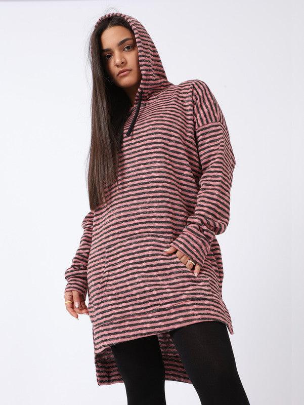 High-Low Striped Fleece Knitted Hoodie