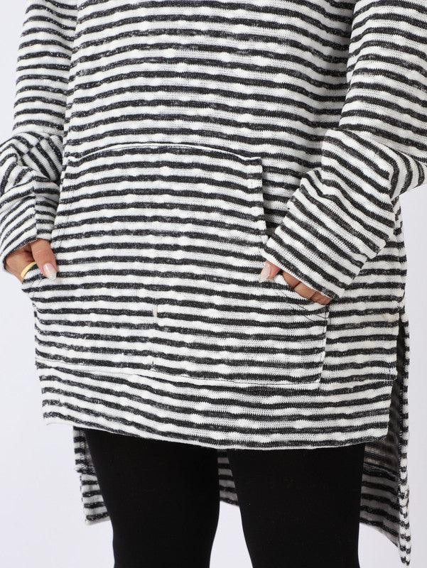 High-Low Striped Fleece Knitted Hoodie