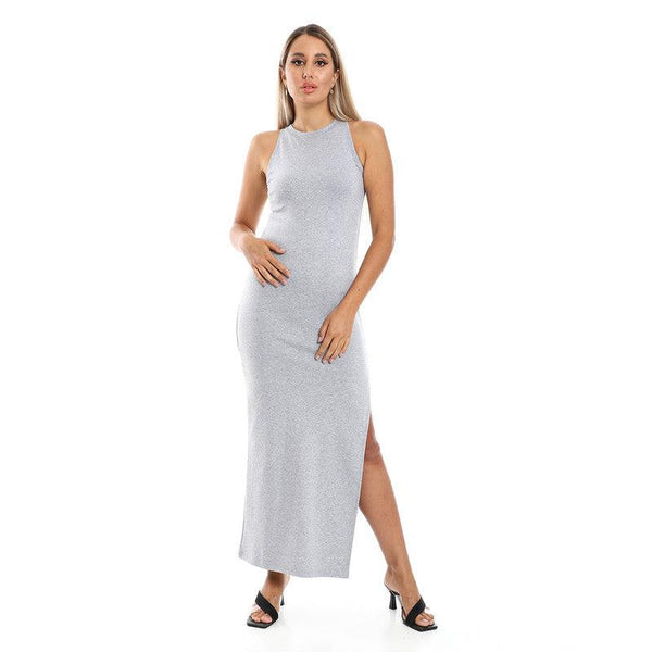 Sleeveless Left Leg Slit Plain Black Dress