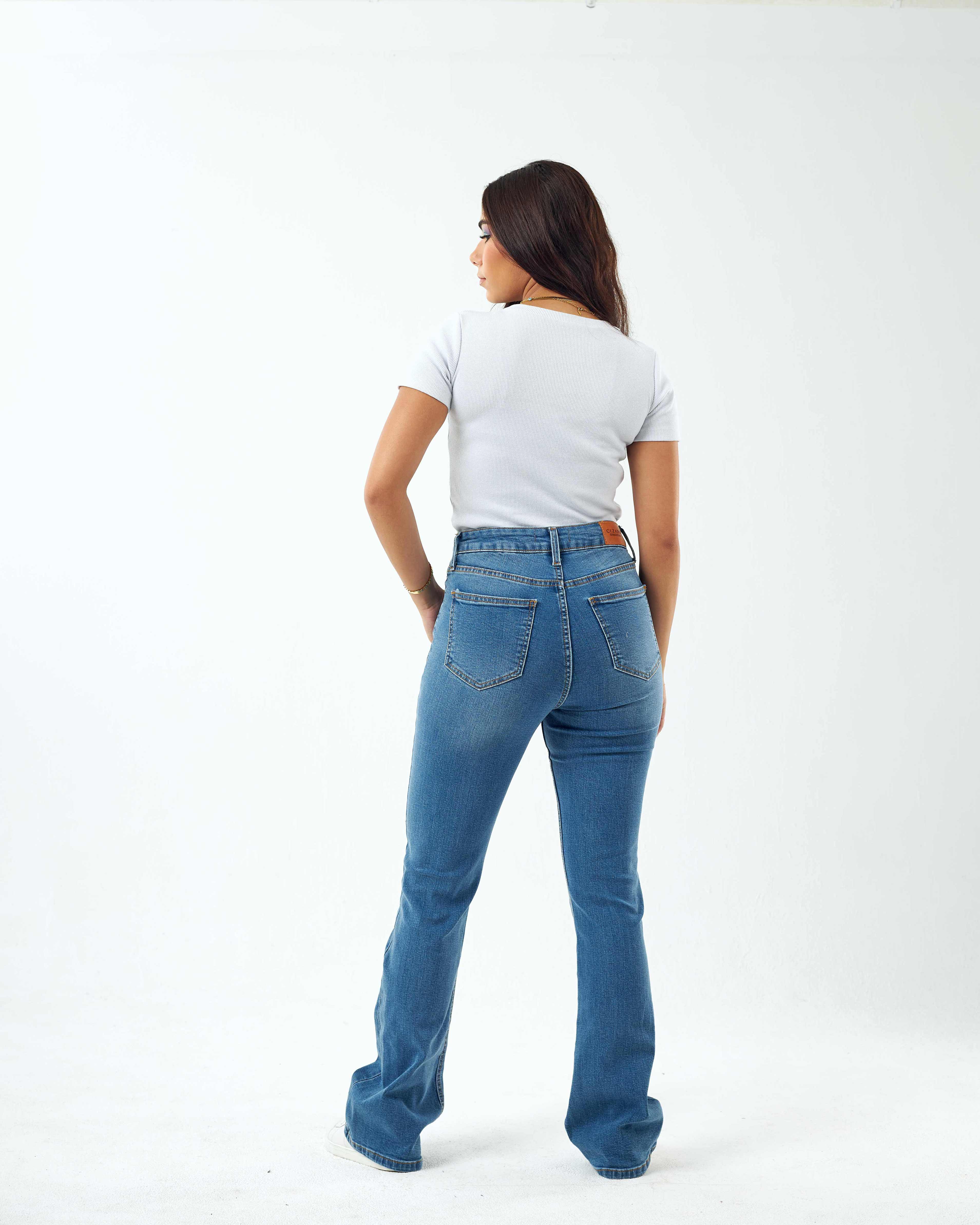 High-Waist Medium Blue Shade Degrade Flared Jeans.