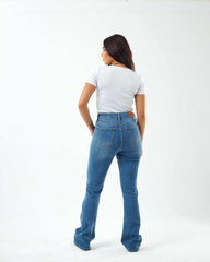 High-Waist Medium Blue Shade Degrade Flared Jeans.