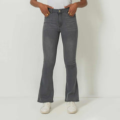 High-Waist Grey Boot-Cut Jeans.