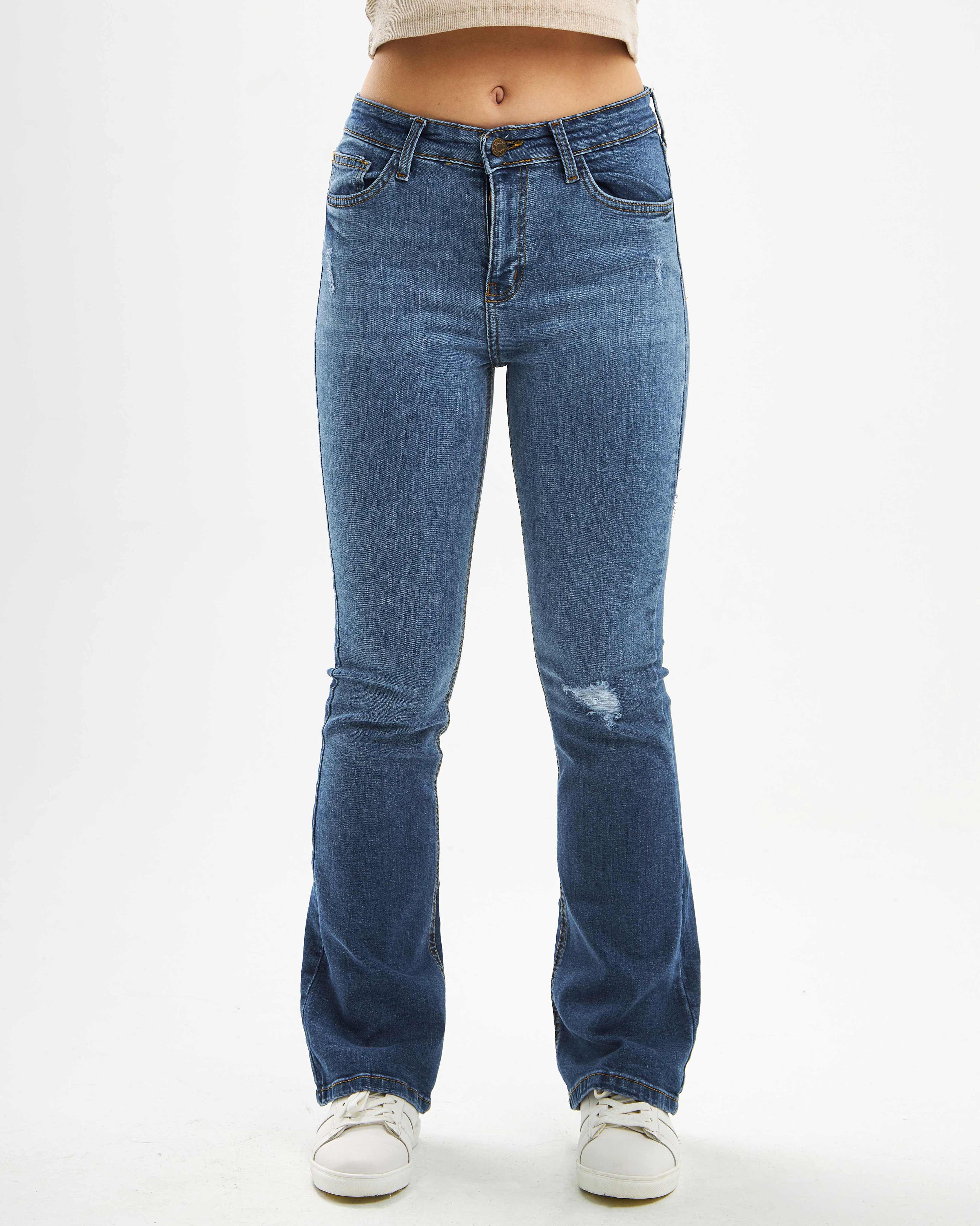 High Waist Ripped Medium Washed Flare Jeans