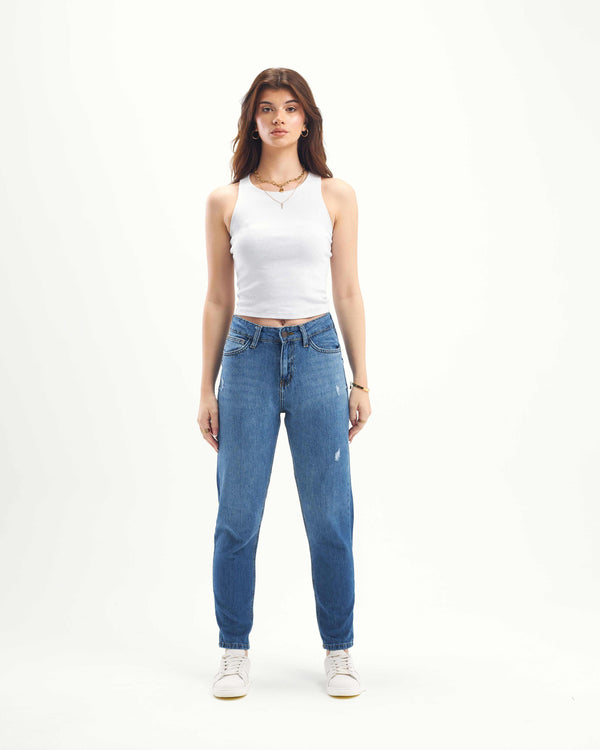High-Waist Degrade Scratched Mom-Fit Jeans.