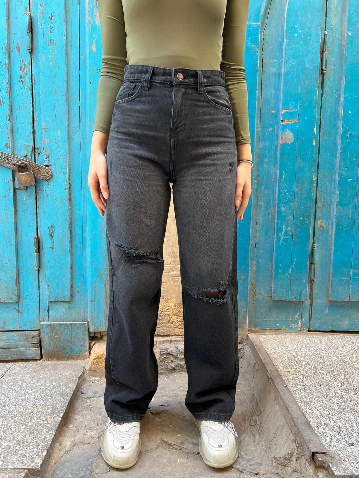 High-Waist Degrade Charcoal Distressed Straight Wide Leg Jeans.