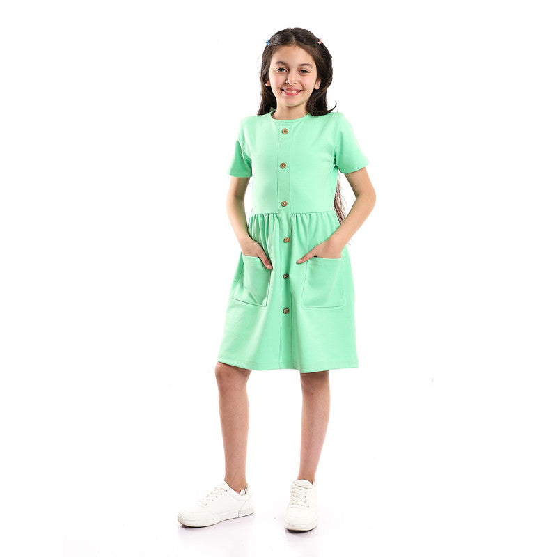 Girls Short Sleeves Dress With Decorative Buttons