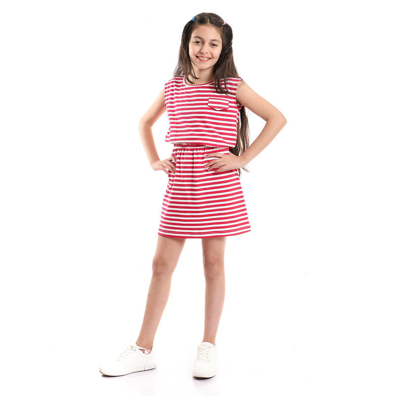 Girls Cap Sleeves Elastic Waist Striped Dress